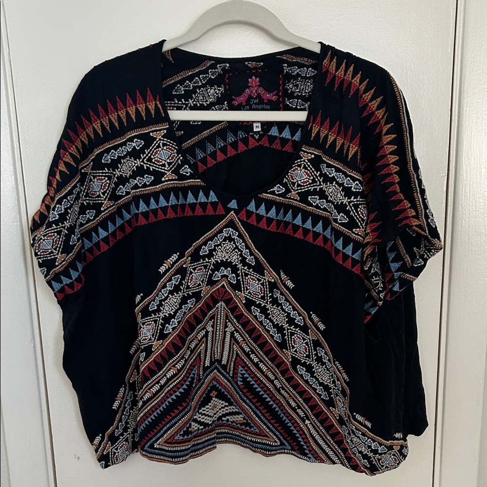 Johnny Was Geometric V-Neck Blouse - Black, Red, Blue